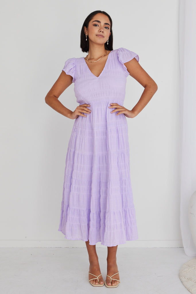 Shop Marley Lilac Sleeveless V Neck Tiered Maxi Dress Flo Frankie