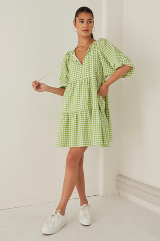 Provocation Green Gingham Babydoll Ss Puff Sleeve Mini Dress WW Dress Among the Brave   