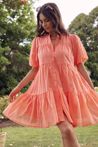 Ravine Watermelon SS Shirt Style Tiered Mini Dress