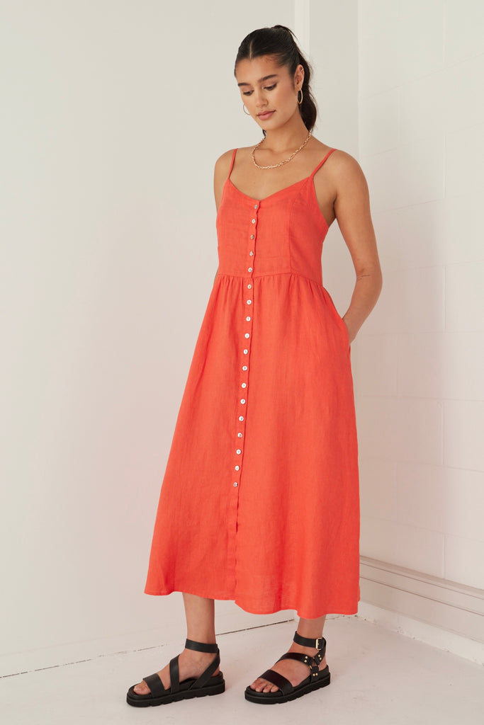 Quince Women's Linen Button Front Dress sz S Terracotta Orange