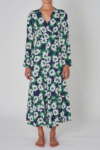 Lily Datura Navy Green Floral Midi Wrap LS Dress WW Dress Rollas   