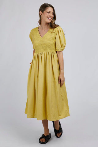 Thea Lemon Shirred Midi Puff SS Dress WW Dress Foxwood   
