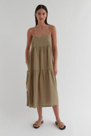 Willow Olive Strappy Tiered Midi Linen Dress WW Dress Assembly Label   