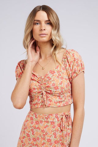 Ruby Orange Floral Rushed SS Crop Floral Top WW Top All About Eve   