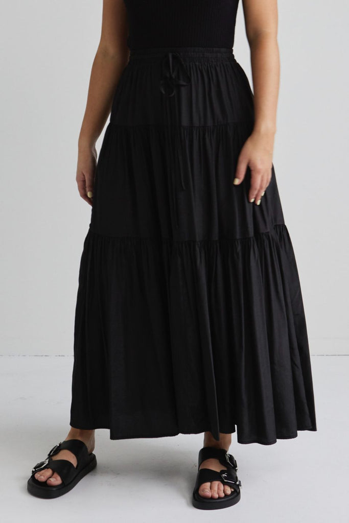 Shop Sensational Black Tiered Satin Tie Waist Maxi Skirt | Flo & Frank