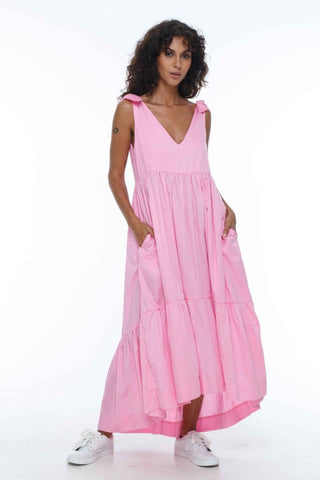 Cupid Bow Straps Tiered Pink Maxi Dress WW Dress Blak   
