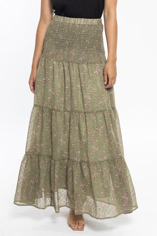 Creative Sage Floral Dobby Shirred Waist Tiered Maxi Skirt WW Skirt Seeking Lola   