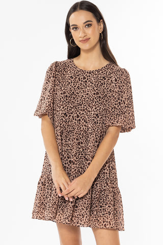 Thriving Peach Leopard Bubble Sleeve Smock Dress WW Dress Seeking Lola   