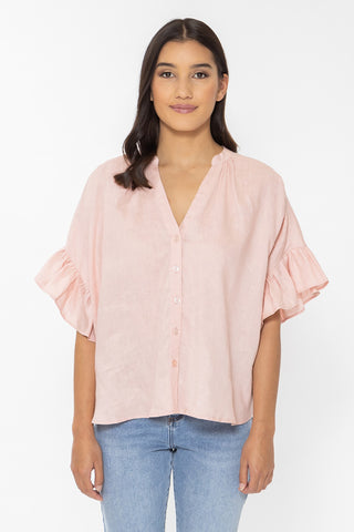 Riverstone Pink Linen Buttoned V Neck Frill Sleeve Shirt WW Top Seeking Lola   