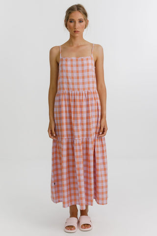 The Ziggy Peach Party Check Strappy Maxi Tiered Dress WW Dress Thing Thing   