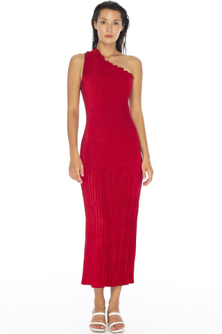 Soiree One Shoulder Pleated Rouge Midi Dress WW Dress L'idee   