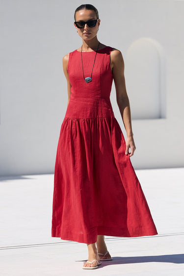 Results Red Linen Structured Sleeveless Maxi Dress