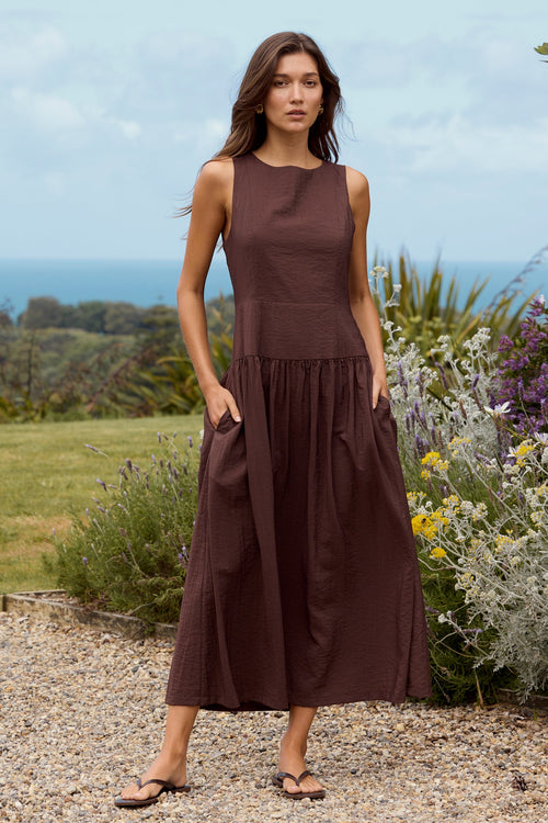 Shop Results Chocolate Structured Sleeveless Maxi Dress | Flo & Franki Shop Results Chocolate Structured Sleeveless Maxi Dress | Flo & Franki