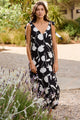 Spontaneous Black and White Floral Tie Shoulder Relaxed Midi Dress