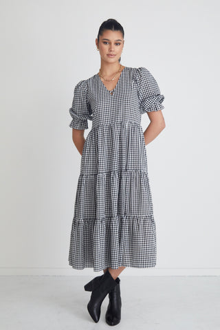 True Love Black Gingham Cotton V Neck SS Puff Sleeve Tiered Maxi Dress