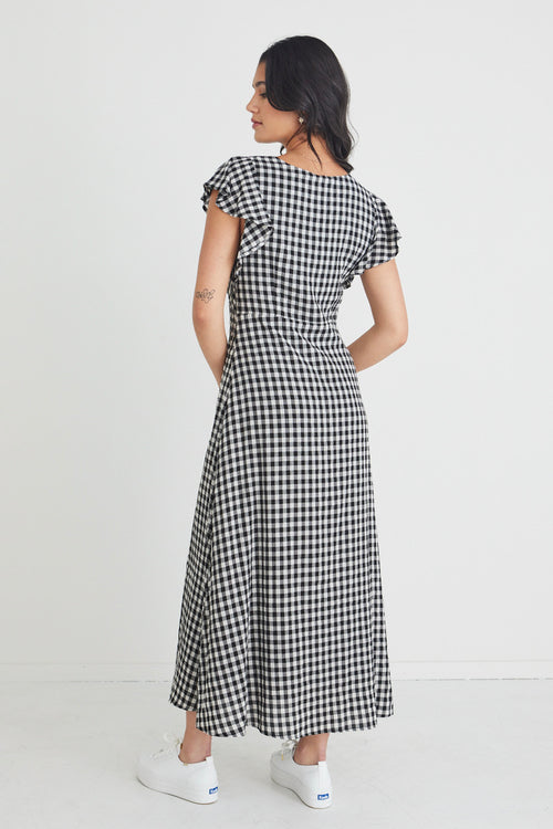 Ovation Black Gingham Flutter Ss Keyhole Tie Midi Dress WW Dress Among the Brave   