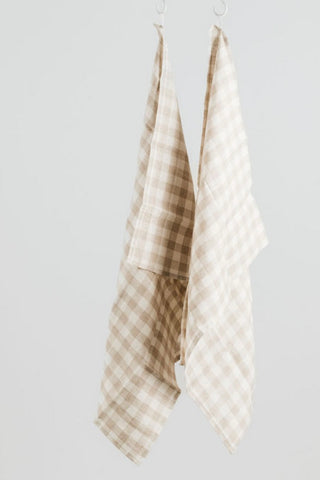 100% French Linen Natural Gingham Set2 55x75cm Tea Towel