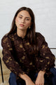 Affection Chocolate Butter Floral Shirred High Neck LS Top