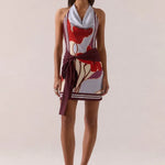 Kalea Blue Bloom Cowl Mesh Halter Waist Tie Mini Dress