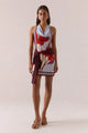 Kalea Blue Bloom Cowl Mesh Halter Waist Tie Mini Dress