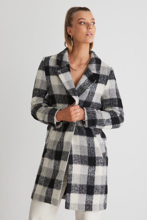 Luna Black Check Single Breasted Long Coat WW Jacket By Rosa.   