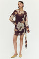 Lula Brown Floral Side Tie Sheer LS Mini Dress