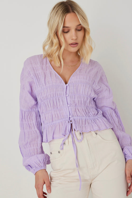 Jolie Lilac Shirred Cotton LS Button Down Top WW Top Ivy + Jack   
