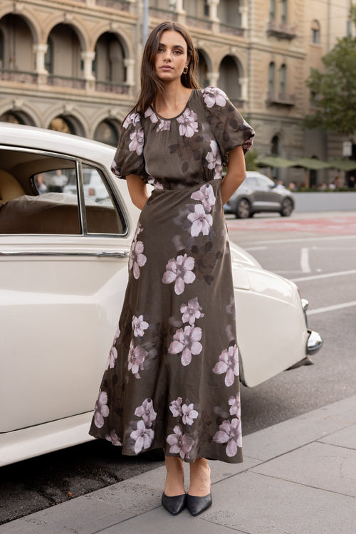 Shop Stage Cocoa Blossom Floral Satin Puff Sleeve Floaty Maxi Dress |