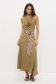 Essence Khaki Abstract Painterly Cowl Neck Belted Sleeveless Maxi Dress