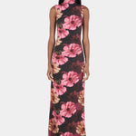 Woman wearing a floral dress on a white background