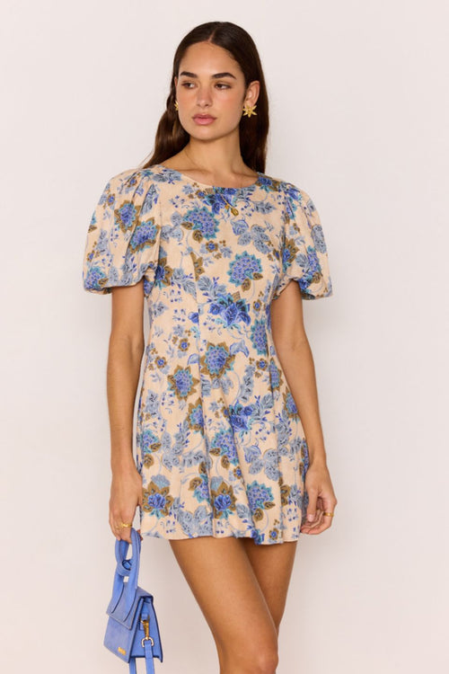 Shop Zina Blue Beige Floral Puff Sleeve Mini Dress | Flo & Frankie Shop Zina Blue Beige Floral Puff Sleeve Mini Dress | Flo & Frankie