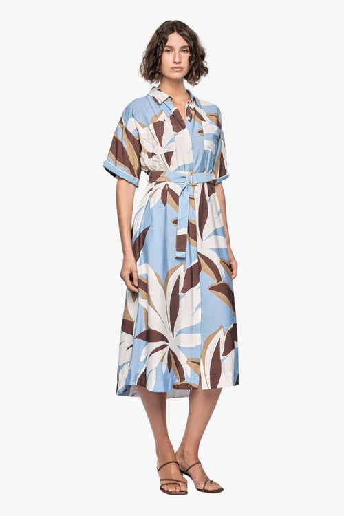 Shop Maeve Blue Resort Print Short Sleeve Midi Shirt Dress | Flo & Fra Shop Maeve Blue Resort Print Short Sleeve Midi Shirt Dress | Flo & Fra