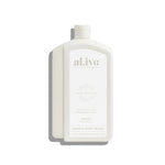 White bottle of 'alive' hand and body wash on a white background