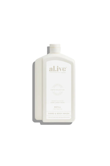 White bottle of 'alive' hand and body wash on a white background