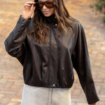 Ensemble Chocolate Faux Leather Funnel Neck Zip Through Bomber Jacket
