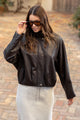 Ensemble Chocolate Faux Leather Funnel Neck Zip Through Bomber Jacket