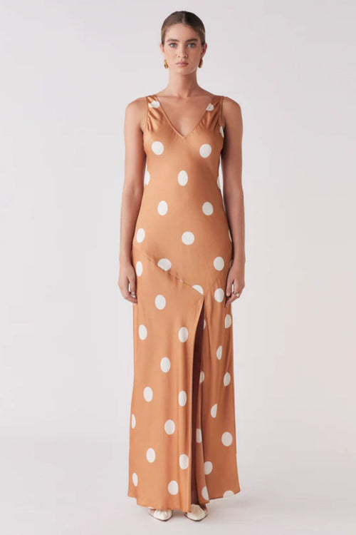 Shop Penny Toffee Spot Sleeveless Satin Midi Slip Dress | Flo & Franki Shop Penny Toffee Spot Sleeveless Satin Midi Slip Dress | Flo & Franki