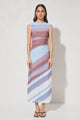 Chroma Blue Asymetric Dusk Stripe Mesh Sleeveless Maxi Dress