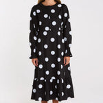 Duska Black Spotty Tiered Hem Midi Dress