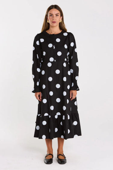 Duska Black Spotty Tiered Hem Midi Dress