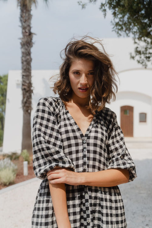 Shop Aries Black Gingham Mid Sleeve Tiered Button Front Mini Dress Shop Aries Black Gingham Mid Sleeve Tiered Button Front Mini Dress