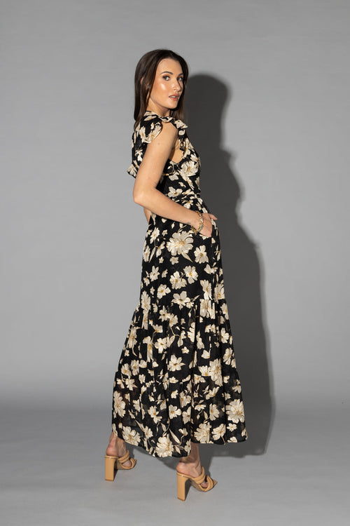Lou  Black Cream Dahlia SS Wrap Midi Dress WW Dress Drama The Label   