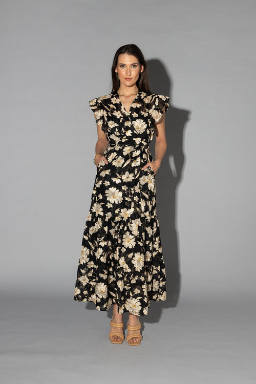 Lou  Black Cream Dahlia SS Wrap Midi Dress WW Dress Drama The Label   