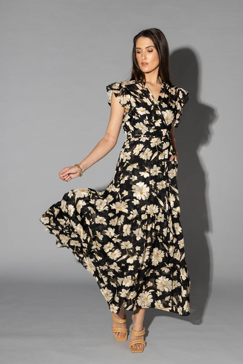 Lou  Black Cream Dahlia SS Wrap Midi Dress WW Dress Drama The Label   