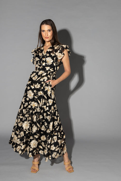 Lou  Black Cream Dahlia SS Wrap Midi Dress WW Dress Drama The Label   