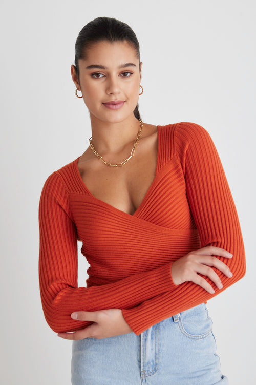 Criss-Cross Orange Wrap Rib Knit Top WW Top Georgia Mae   