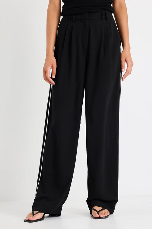 Black wide-leg pants with white stripes on a white background