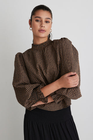Emphatic Toffee Check Shirred Neck Top WW Top Ivy + Jack   