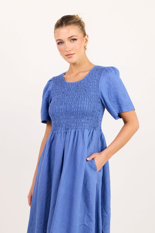 Wren Cornflower Blue Linen SS Shirred Bo