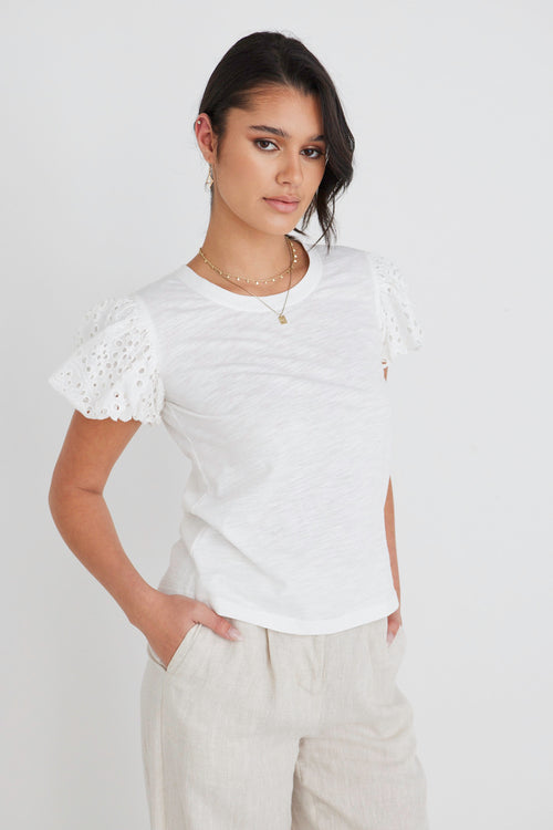 Peaceful White Broidery Anglaise Bubble Sleeve Tee WW Top Among the Brave   